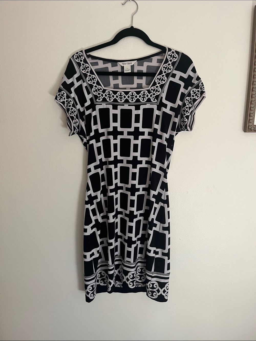 White House Black Market Black and White Geometric Square-Neck Dress